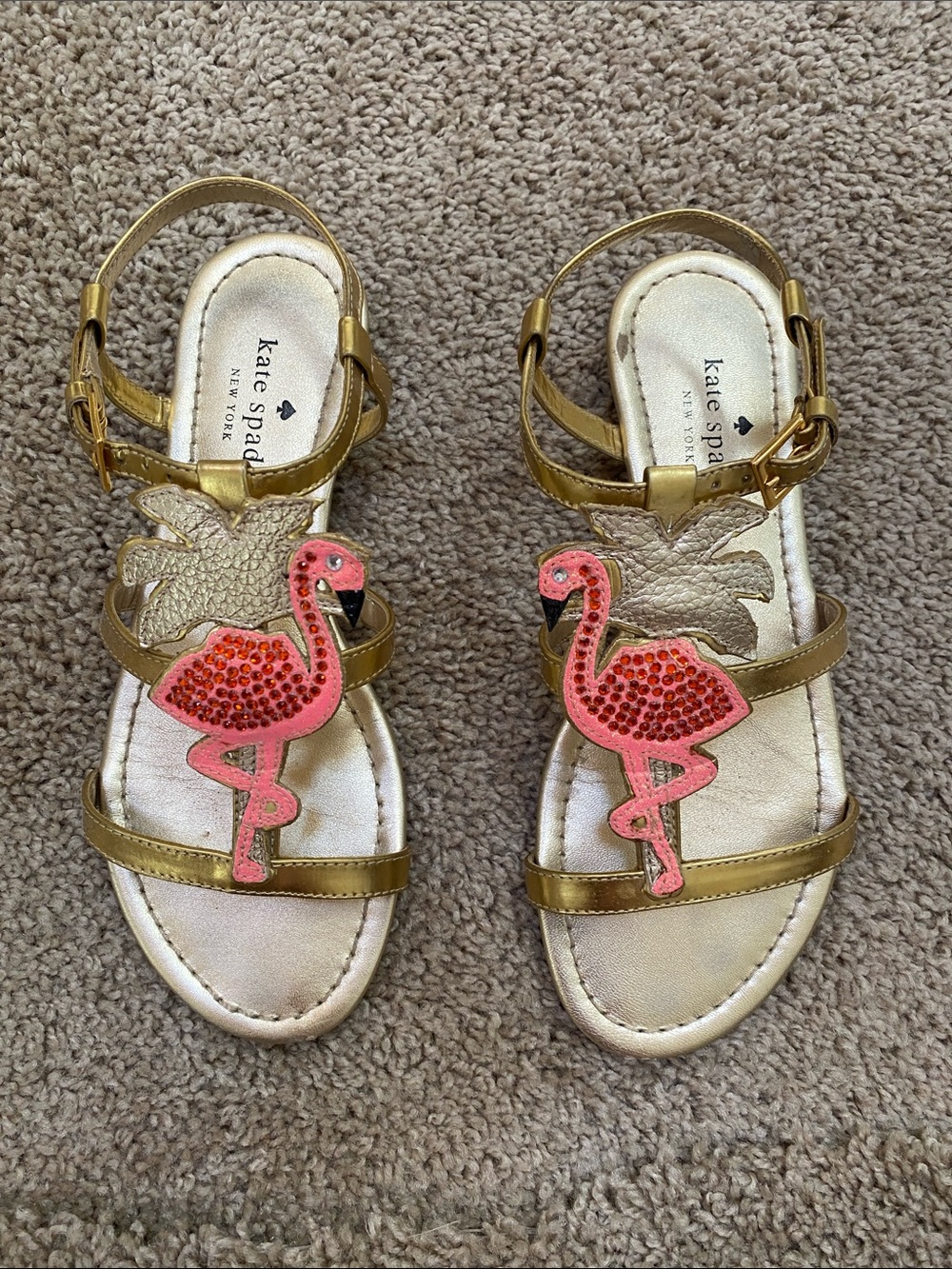 Kate Spade Gold Sandals with Pink Flamingo Appliqué